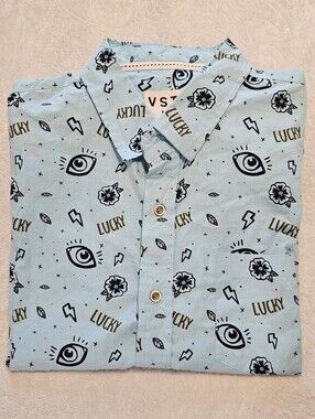 VSTR Premium Short Sleeve Button Front Shirt Light Blue Lucky Eye Print Mens XL